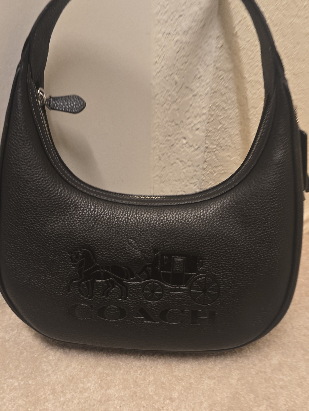 Coach Black Pebbled Leather Shoulder Bag with Embossed Carriage
